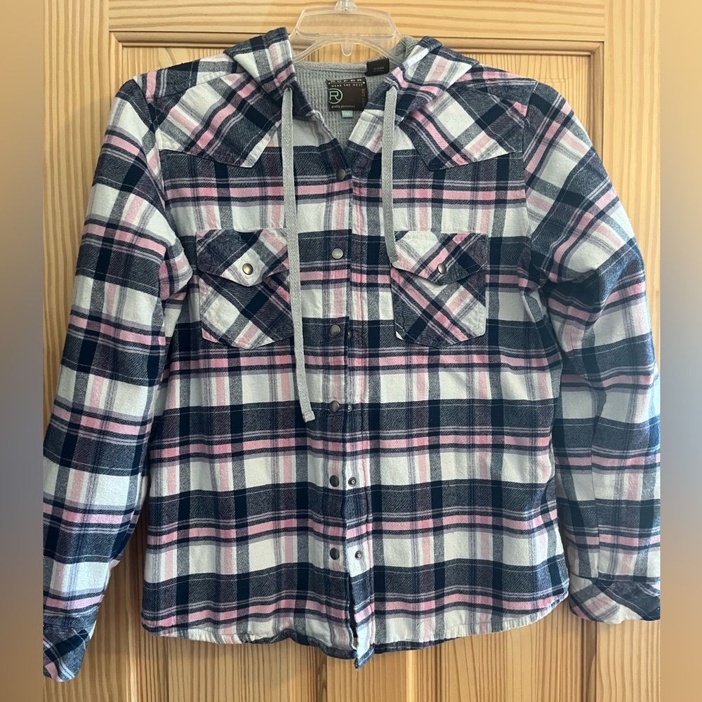 Roper Women’s Thermal Lined Flannel Hooded Pink and Blue Plaid Jacket Size Med